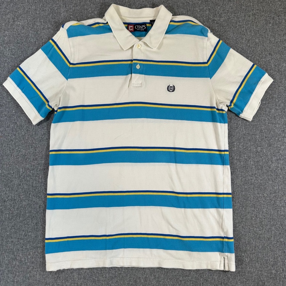 Chaps Mens Polo Shirt Large Blue White Yellow Striped Cotton Short Sleeve Pique